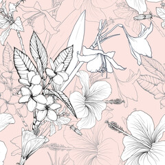 Seamless floral pattern with frangipani lily and hibiscus flowers on isolated  background.Vector illustration hand drawning.For fabric pattern print design texture