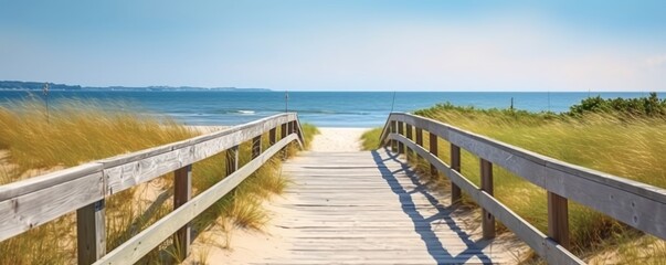 Wooden walkway at the beach in summer made with Generative AI
