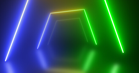 Abstract tunnel neon blue green and yellow energy glowing from lines background