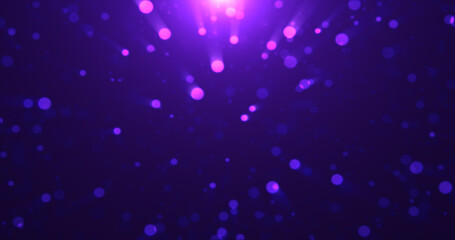 Abstract background of purple luminous particles and bokeh dots of festive energy magic