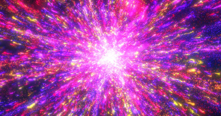 Abstract glowing energy explosion whirlwind firework from purple lines and magic particles abstract background
