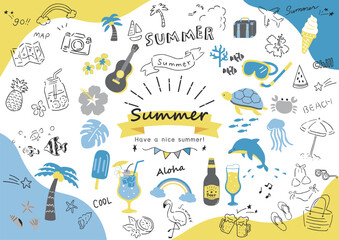 Naklejka premium 夏に使いやすい手描きのアイコンセット