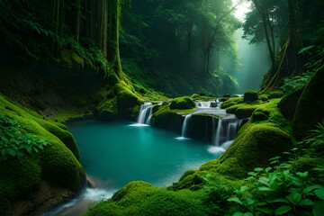 meditating in a natural setting, such as a forest with waterfall forest, with the sounds of nature in the background. Concept of harmony and connection with nature