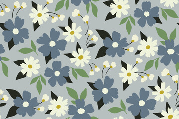 Fototapeta na wymiar Seamless floral pattern, liberty ditsy print with cute spring botany. Pretty botanical design for fabric, paper: small hand drawn flowers, leaves on a delicate blue background. Vector illustration.