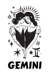 Gemini zodiac sign mystical engraving, modern tattoo, astrology card, horoscope calendar. Two girls hugging, witches with mystic symbols of sun and moon, vector illustration isolated