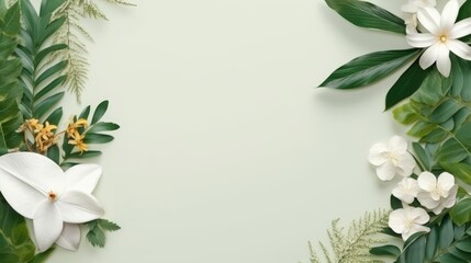 Tropical green leaves and beautiful flowers decorative of frame,artwork,banner and card. Generative Ai