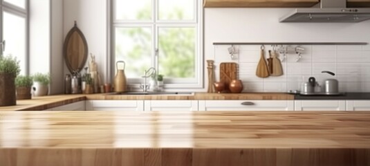 Fototapeta na wymiar Kitchen room in Spacious Home. Wooden tabletop in a modern interior