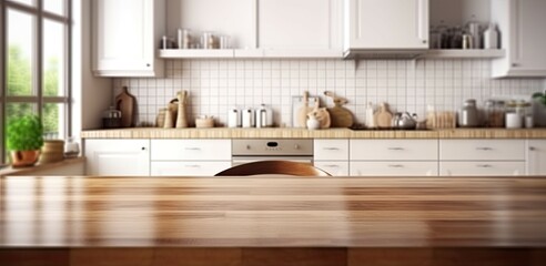 Fototapeta premium Kitchen room in Spacious Home. Wooden tabletop in a modern interior