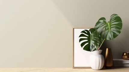 Fototapeta na wymiar Monstera leaf in ceramic potted with blank white frame on cream background for decorative artwork,banner and home interior design,home office with workspace for minimalist style. Generative Ai