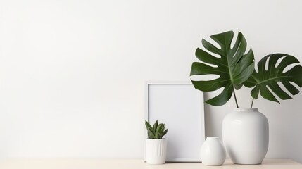 Monstera leaf in ceramic potted with blank white frame on white background for decorative artwork,banner and home interior design,home office with workspace for minimalist style. Generative Ai