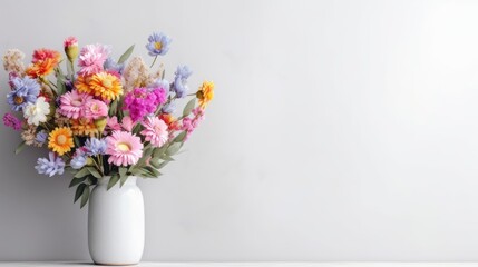 Colorful flowers blooming in vase on white background. Generative Ai