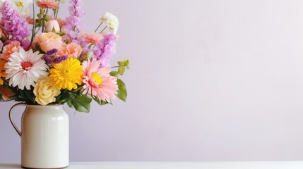 Colorful flowers blooming in vase on white background. Generative Ai