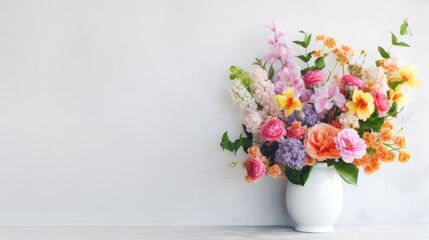 Colorful flowers blooming in vase on white background. Generative Ai