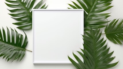 Tropical green leaf with palm leaf decor  white frame,banner,card and artwork for minimalist style. Generative Ai