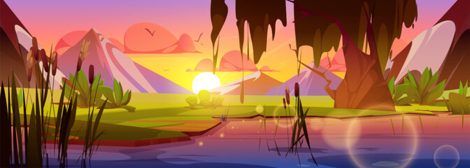 Fototapeta na wymiar Sunrise and mountain view with reed in swamp water cartoon vector scene. River shore in Japan with marsh and bulrush plant, Peaceful pink valley illustration with nobody and sun light reflection