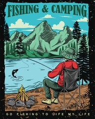 Fishing and Camping. Outdoor Camping and Adventure Vintage Logo Vector