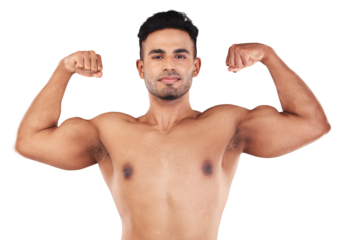 Bodybuilder, portrait of a man flex his muscles and strong isolated against a transparent png background. Strength or fitness, workout or health wellness and shirtless male athlete pose with biceps