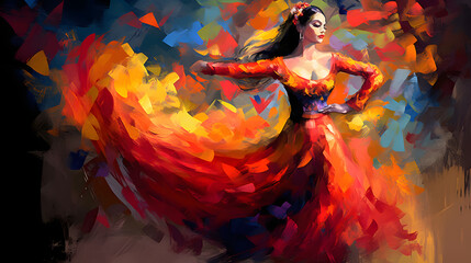 Flamenco Spanish Dancers abstract art with vivid passionate colours, digital art, - obrazy, fototapety, plakaty