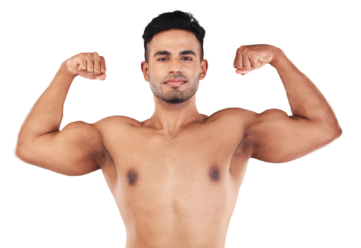 Bodybuilder, portrait of a man flex his muscles and strong isolated against a transparent png background. Strength or fitness, workout or health wellness and shirtless male athlete pose with biceps
