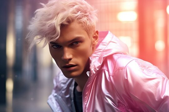 A futuristic portrait of a human figure sporting chic fashion! the person rocking a pink jacket exudes effortless elegance with their blonde hair shot outdoors