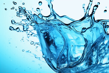 On a blue background, a pristine water splash captures the essence of purity and transparency. generative AI.
