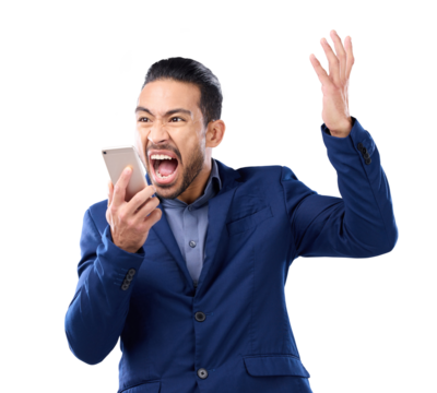Man, angry and screaming at mobile phone with communication in png or isolated and transparent background. Problem, professional male and annoyed with bad news, failure and difficult service.