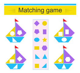 Matching game. Task for the development of attention and logic. Cartoon sailboat.