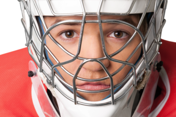 Portrait of sporty man in helmet isolated on white background
