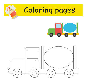 Coloring pages. Cartoon concrete truck vector. Illustration for children education.