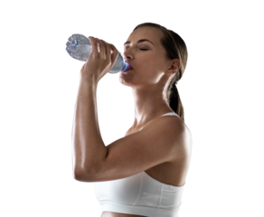 Woman, drinking water and bottle, fitness and health, thirsty with hydration isolated on transparent png background. Female athlete drink h2o after workout, healthy and wellness with aqua liquid
