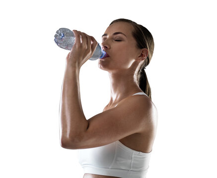 Woman, drinking water and bottle, fitness and health, thirsty with hydration isolated on transparent png background. Female athlete drink h2o after workout, healthy and wellness with aqua liquid