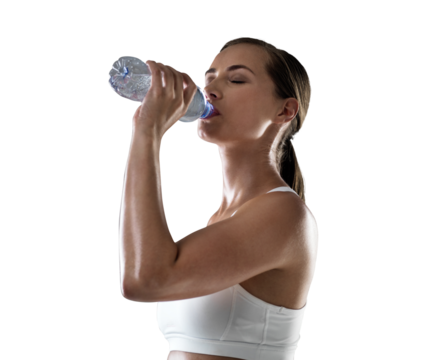 Woman, drinking water and bottle, fitness and health, thirsty with hydration isolated on transparent png background. Female athlete drink h2o after workout, healthy and wellness with aqua liquid