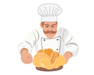 Happy bearded chef or confectioner baker with pastries isolated on white background vector illustration