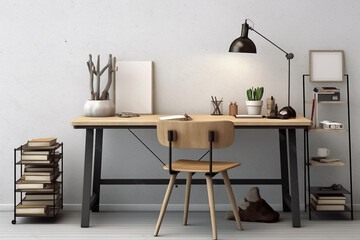 A sleek and modern table, chair and lamp set is adorned with contemporary items, showcasing a minimalistic arrangement that exudes a sense of modernity and style. generative AI.
