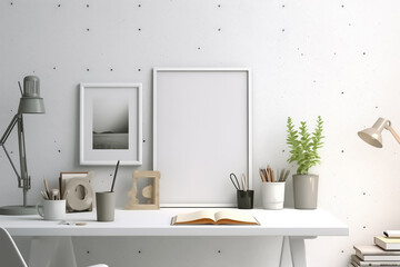 Fototapeta na wymiar A sleek and modern table, chair and lamp set is adorned with contemporary items, showcasing a minimalistic arrangement that exudes a sense of modernity and style. generative AI.
