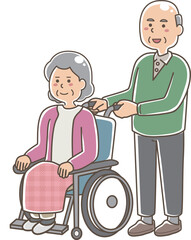 車椅子に座る高齢者　夫婦