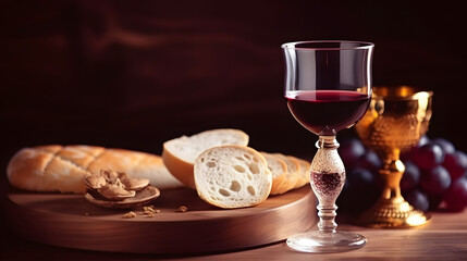 Holy communion on wooden table on church.Taking holy Communion.Cup of glass with red wine, bread.The Feast of Corpus Christi Concept.