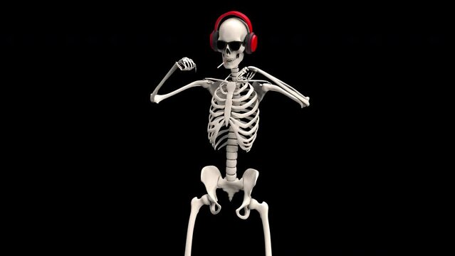 Skeleton listening music in headset - 3d render looped with alpha channel.