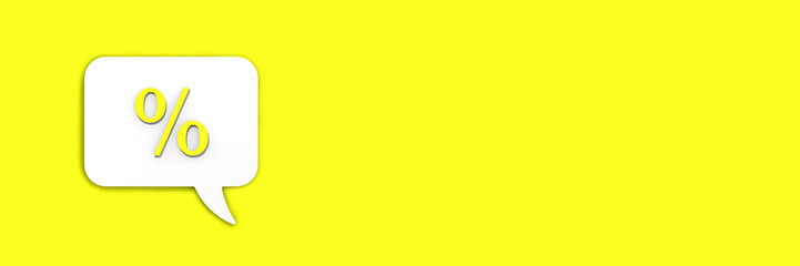 Light yellow percent sign on white message board. Interest withdrawal signal. Discount notifications. Message on a yellow background. Horizontal image. 3D image. 3D rendering.