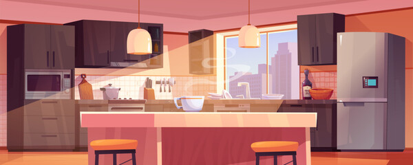 Modern kitchen interior design with furniture and tableware. Vector cartoon illustration of morning coffee cup on table, brown drawers on walls, fridge, microwave oven, sun shining through window