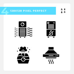Indoor air quality black glyph icons set on white space. Air filtration. Climate control. Home appliance. Respiratory health. Silhouette symbols. Solid pictogram pack. Vector isolated illustration