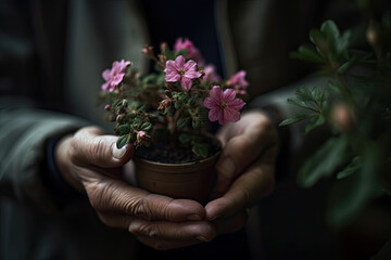 Fototapeta na wymiar two hands holding a small pot with pink flowers in it and green leaves on the other one's hand