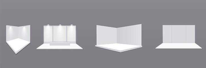 Exhibition stand. White empty advertising stand with desk. Vector white blank geometric square. Presentation room display. White creative exhibition stand design. Stand template.