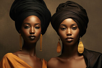 two black women with gold earrings and turbales on their heads, one wearing an orange dress the other wears a head scarf