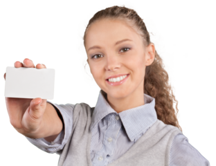 Happy woman with white card