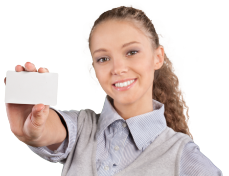 Happy woman with white card