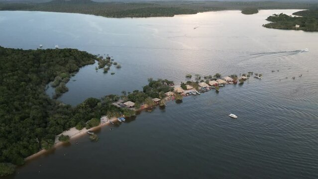 Aerial over alter do Chao Love Island (Ilha do Amor) during the rainy season in the State of Pará, Brazil amazon rainforest at sunset 