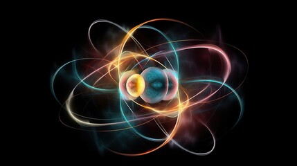 Shining nuclear atom model created by AI - obrazy, fototapety, plakaty