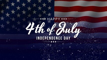 Happy 4th of July greeting animation, lettering text with waving USA flag background and fireworks splash, Happy Independence Day united states of america concept, for banner, feed, stories - Powered by Adobe