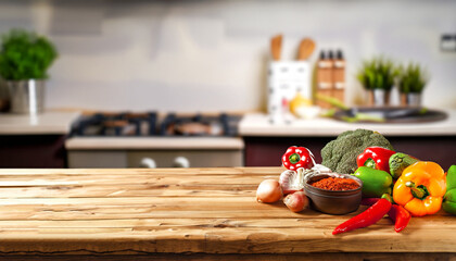 Empty wooden table with fresh vegetables and spices and cook on the background blurred kitchen,...